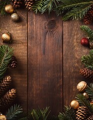 Christmas fir branch decorations, gifts, ribbons, jingle bells and string lights on empty rustic wooden table
