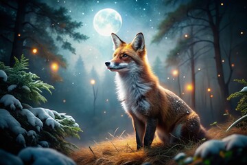Naklejka premium Captivating Night Photography of a Red and White Fox in a Moonlit Forest, Showcasing Its Majestic Beauty and Intriguing Behavior Amidst Starry Skies