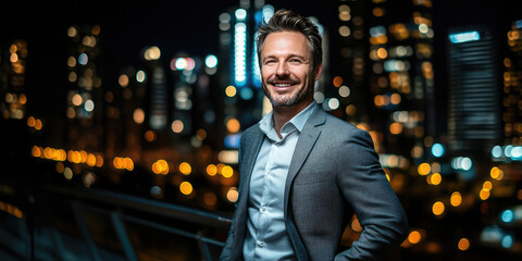 Fototapeta premium Smiling businessman in a suit against the background of night city lights