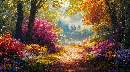 Sunlit path through vibrant autumn forest with colorful flowers and trees.