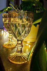Elegant golden glasses filled with a liquid placed on a table with soft lighting and plants in the background