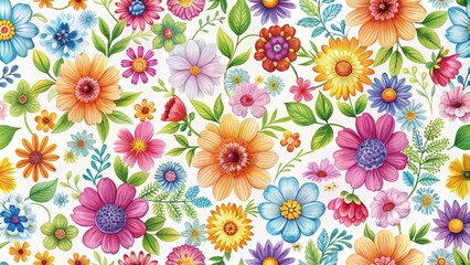 Seamless pattern with colorful flowers on a white background, floral, repetitive, design, spring, summer, nature, petals