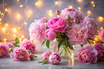 Obraz premium Captivating Night Photography of Lush Pink Peonies Set Against a Crisp White Background, Highlighting Their Delicate Petals and Vibrant Colors for a Stunning Visual Experience