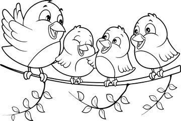 Happy Bird Family Perched on Branch Coloring Page Illustration