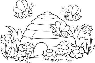 Adorable Bees, Hive, Flowers, Coloring Page, Nature, Spring, Insects, Cute, Cartoon, Black and White