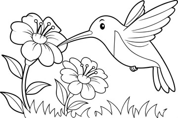 Obraz premium Hummingbird feeding on flowers, line art, coloring page, nature, wildlife, bird, blossom, nectar, dr
