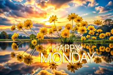 Vibrant Flowers Under Golden Sunrise with Reflection and Inspirational Text for New Week