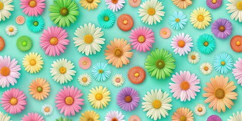A vibrant and whimsical pattern of colorful daisies with soft pastel tones on a tranquil turquoise background