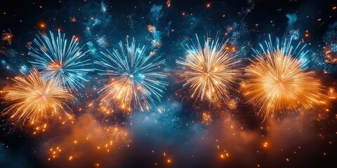 Naklejka premium Fireworks Celebration New Year Night Event Crowd Blue Gold Cheerful Party