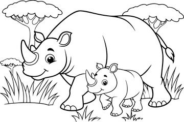 Adorable Mother and Baby Rhino Coloring Page Safari Animals