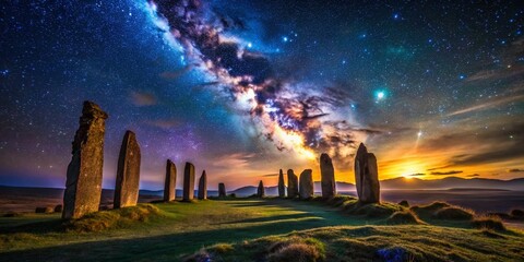 Fototapeta premium Captivating Night Photography of the Ring of Brodgar: Ancient Stones Illuminated Under a Starry Sky in Orkney, Scotland, Showcasing Mystical Atmosphere and Historic Significance