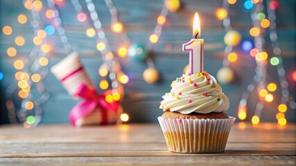 Colorful Birthday Cupcake with Number One Candle and Festive Decorations in Background