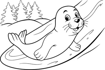 Adorable Seal Pup Sliding on Ice, Winter Wonderland Scene