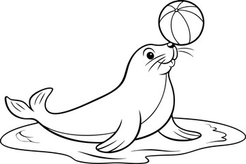 Playful Seal Balancing Beach Ball Cartoon Illustration, Coloring Page
