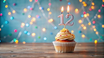 Birthday Cupcake with Number Twelve Candle and Colorful Bokeh Background Decoration