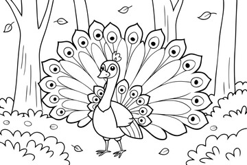 Majestic Peacock in Autumn Forest Coloring Page Illustration