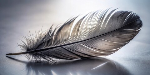 A Single Black Feather Resting on a Smooth Surface, Its Delicate Structure and Subtle Variations in Tone Captured in Stunning Detail