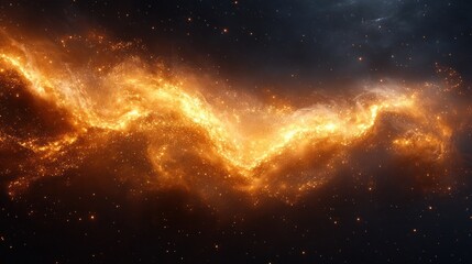 Obraz premium Golden Dust Cloud Illuminated by Ethereal Light Resembling a Sandstorm with Dynamic Particles and Dark Background