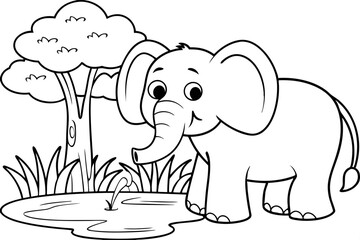 Adorable Baby Elephant Drinking Water by a Tree in Africa