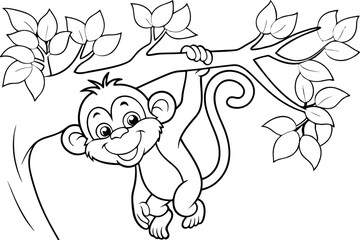 Adorable Cartoon Monkey Hanging on Tree Branch Coloring Page