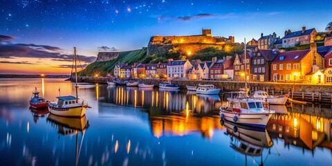 Fototapeta premium Captivating Night View of Whitby Harbour with Illuminated Boats and Calm Waters, Perfect for Travel and Landscape Photography Enthusiasts