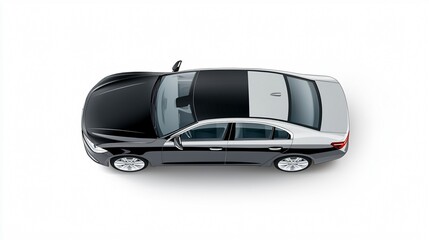 Top-down view of a sleek black and silver car on a white background.