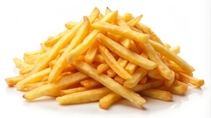 Golden Crispy French Fries Piled High on White Background for Food Photography and Advertising