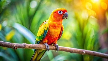 Obraz premium Vibrant Tropical Parrot Perched on Branch Surrounded by Lush Greenery and Sunlit Background