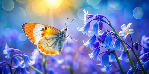 Captivating Orange Tip Butterfly Resting on a Beautiful Bluebell in a Serene Nature Setting with Bokeh Background, Ideal for Nature Lovers and Wildlife Enthusiasts