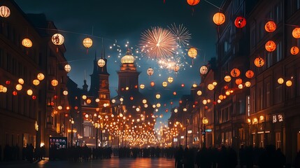 Obraz premium A panoramic view of a city adorned with lanterns, showcasing both modern and historic architecture, with celebratory fireworks in the background 