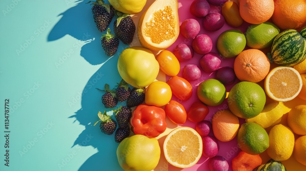 Aufkleber vibrant array of fresh fruits and vegetables lays on a colorful surface, showcasing local produce av