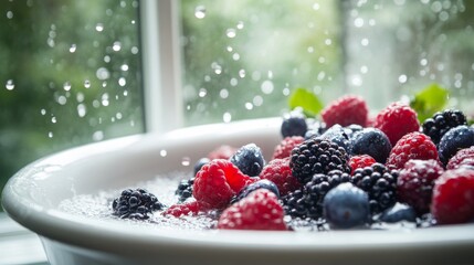 A bowl of berries with a white background. The berries are red and black