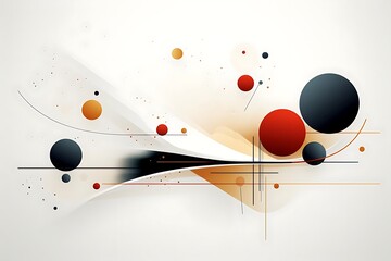 Abstract art with red, black, and orange circles and lines on white background.