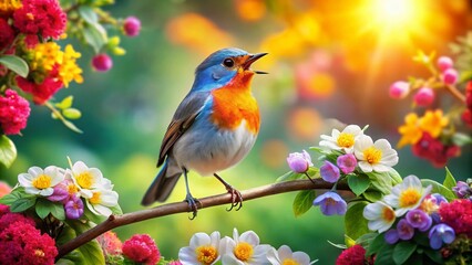 Fototapeta premium Captivating Panoramic View of a Cute Singing Bird Amidst Vibrant Nature, Perfect for Nature Lovers and Bird Enthusiasts, Showcasing Avian Beauty in a Lush Environment