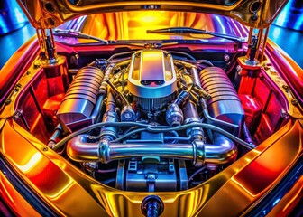 Fototapeta premium Captivating Panoramic View of a High-Performance Car Engine Showcasing Precision Engineering and Modern Design in a Sleek, Dynamic Setting