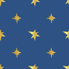 Seamless pattern with gold stars on blue background. Ornament for gift wrapping paper, fabric, etc.