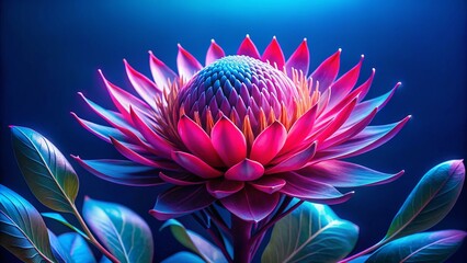 Obraz premium Captivating Pink Neon Exotic Flower Against a Vivid Blue Background for Stunning Landscape Photography