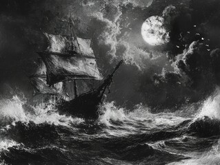 Sailing boat ship on sea storm, black and white
