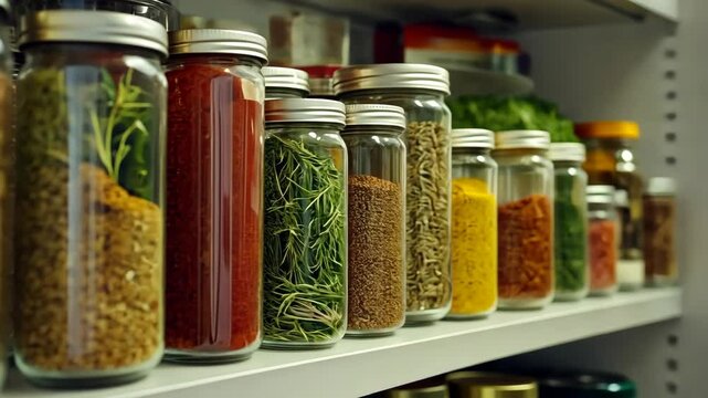 Organized collection of colorful spices and herbs in glass jars on a kitchen shelf for culinary inspiration