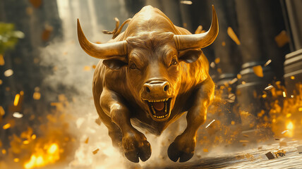 A bull is running through a burning building