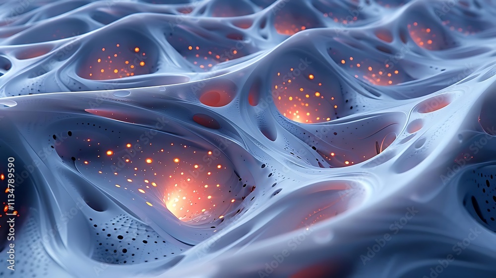 Fototapete abstract 3d rendering of a futuristic, organic structure with glowing orange lights within its cavit
