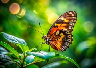 Naklejka premium Captivating Portrait of a Colorful Butterfly Resting on a Green Leaf, Showcasing Nature's Beauty and Delicate Details in a Vibrant Garden Setting