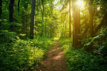 Obraz premium A serene trail winds through a lush forest, bathed in warm sunlight filtering through the tree canopy, inviting nature lovers to explore.