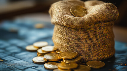 A bag of gold coins is sitting on a table