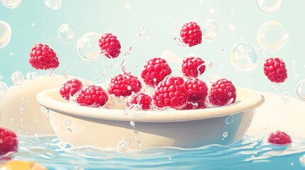 Raspberries is floating in a bowl of water