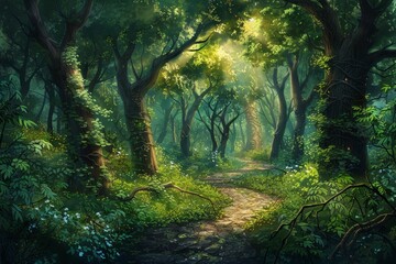 Obraz premium Sunlight beams filter through the thick canopy of trees, illuminating a peaceful path surrounded by vibrant foliage and blooming flowers in the forest.