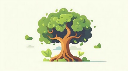 Lush green tree with exposed roots and leaves blowing in the wind, illustrated in a cartoon style.