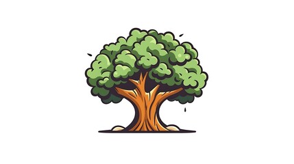 Cartoon illustration of a large, lush green tree with a thick brown trunk and small rocks at its base, isolated on white.