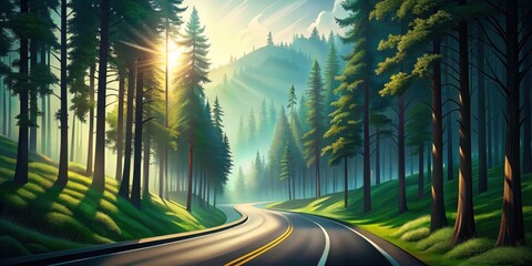 A winding road through a dense forest, bathed in the golden glow of a rising sun, creating a picturesque and serene landscape.