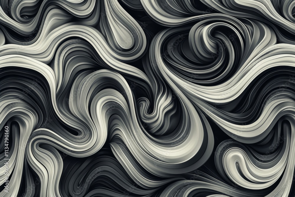 Poster intricate patterns of black and gray swirl together, creating a visually dynamic surface that mimics